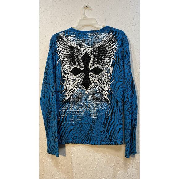 Rock & Roll Cowgirl BlackCross Blue Shirt Beads Graphic Wester 1X - Picture 9 of 12